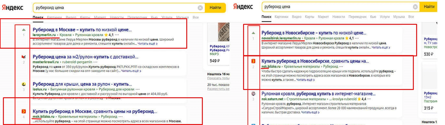 Разница выдачи в Яндекс по одному запросу в городах